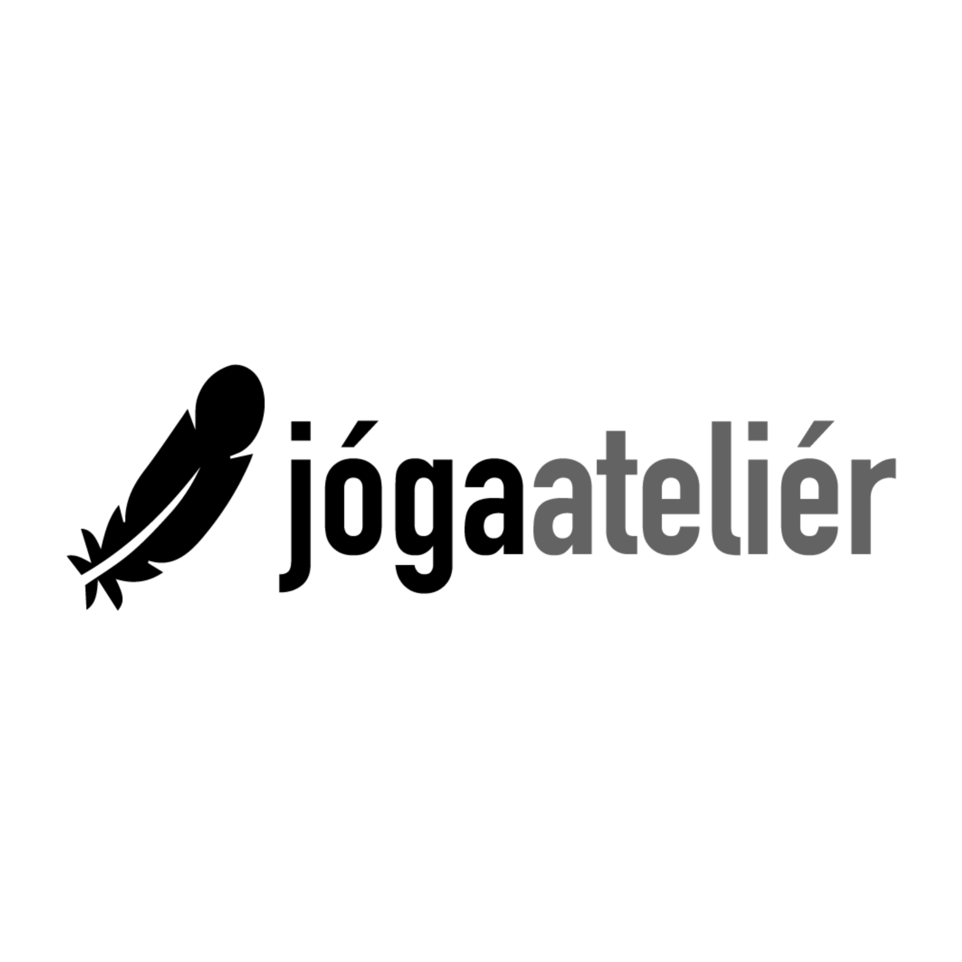 Logo „jogaatelier“ s černým symbolem listu a šedým textem na bílém pozadí.
