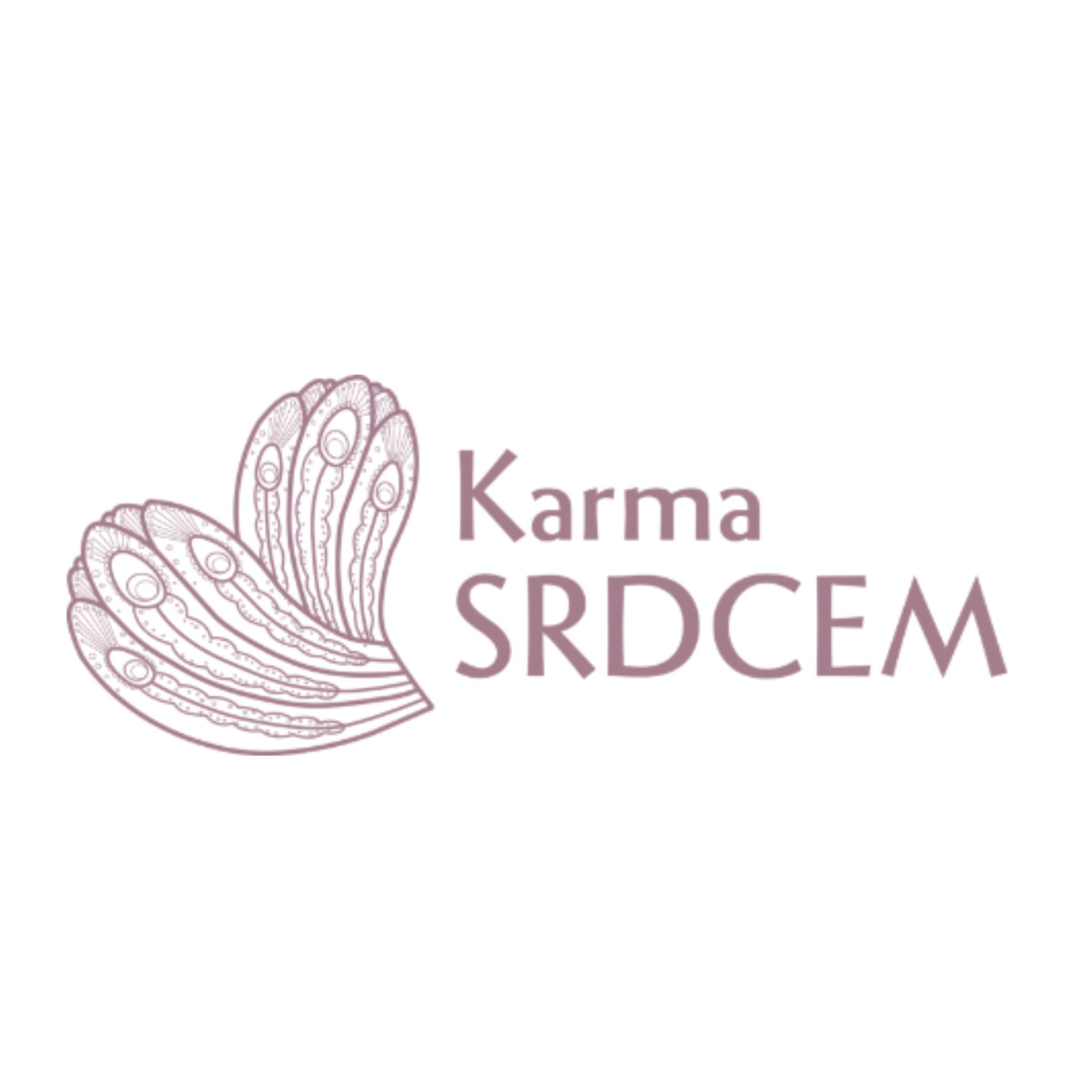 Logo s ilustrací srdce a textem Karma SRDCEM v růžové barvě na bílém pozadí.